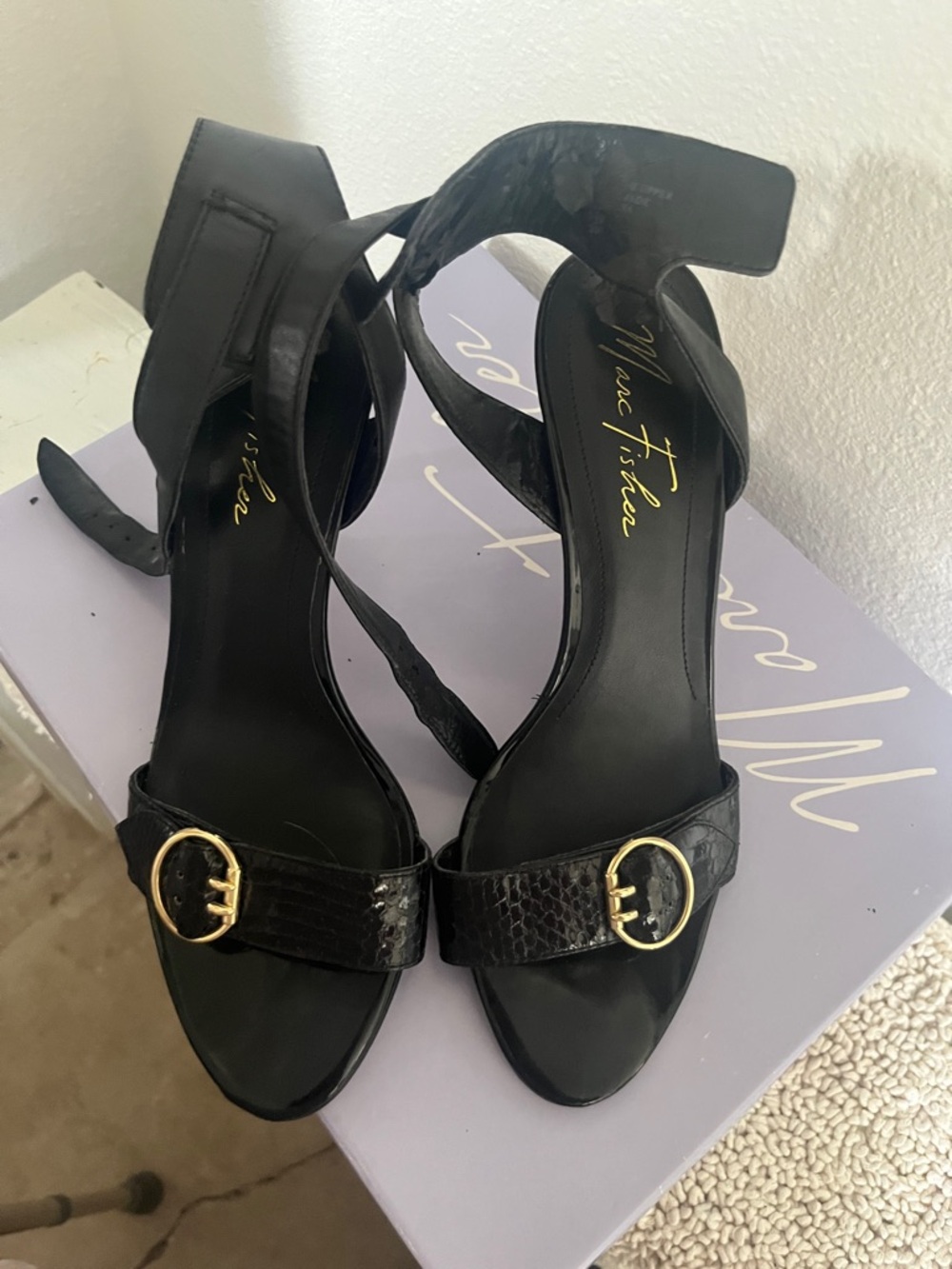 Marc Fisher Malik’s Black Leather Ankle Strap Heels with Gold Buckle